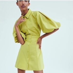 ZARA | Voluminous Sleeve Belted Dress Pistachio